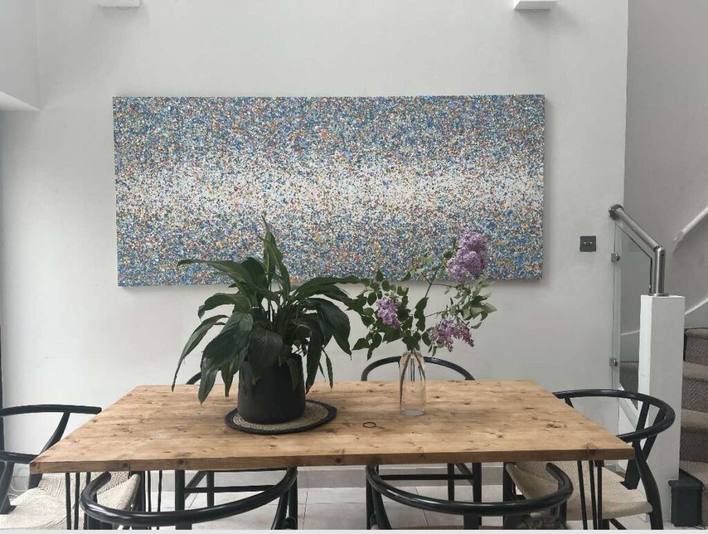 244 cm by 112 cm blue dot painting Customer showcase photo of my huge 244 cm by 112 cm original blue dot and spot painting