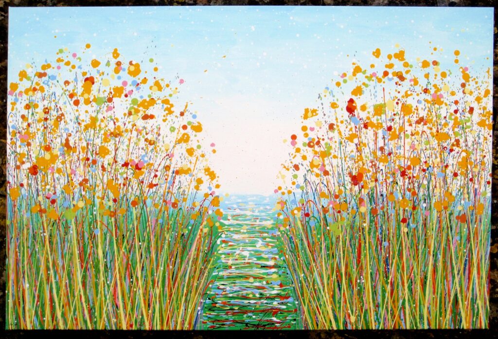 An original hand-painted yellow and copper flower meadow with a path, on a 150 cm by 100 cm canvas