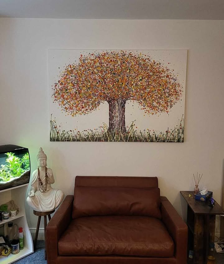 150 cm by 100 cm orange tree painting Customer showcase photo of my original 150 cm by 100 cm orange and yellow tree painting on canvas