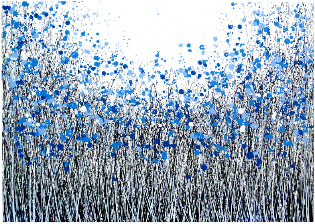 Custom Size Black, White and Blue Flower Painting