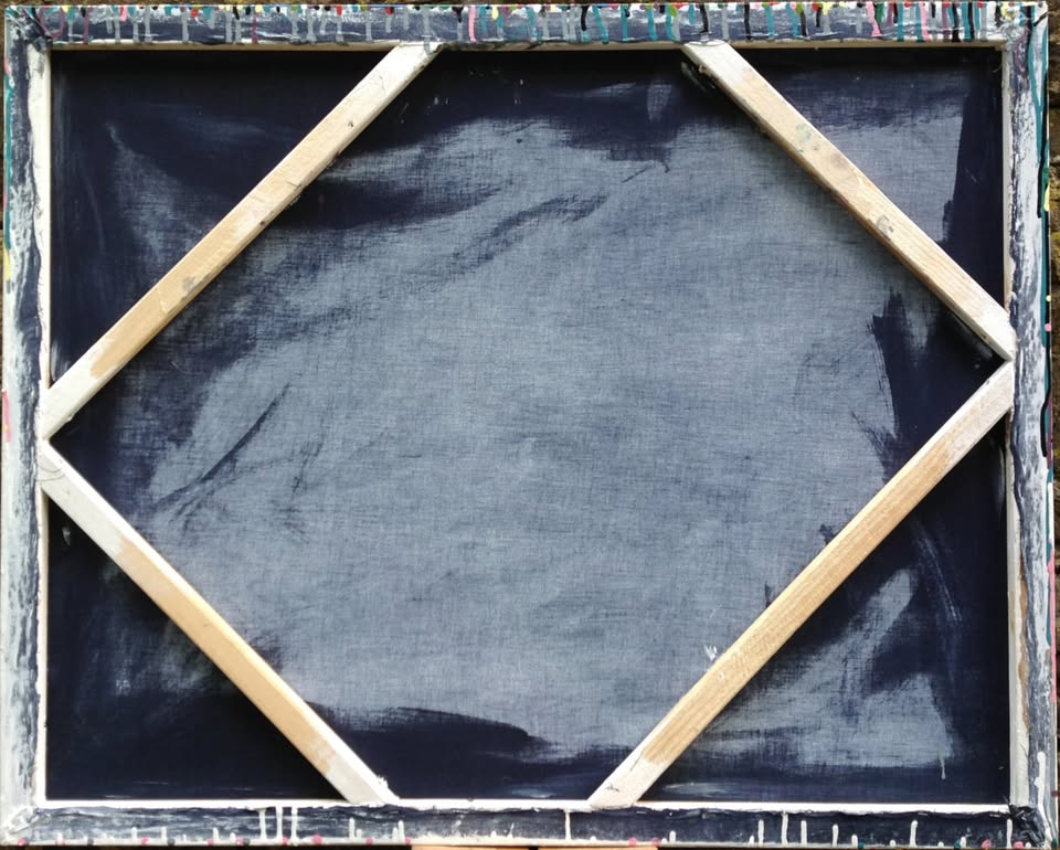 Abstract art with multicoloured vertical brush strokes on a white background - back