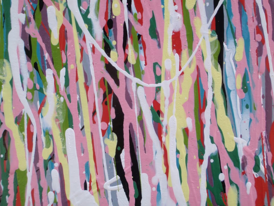 Abstract art with multicoloured vertical brush strokes on a white background - detail