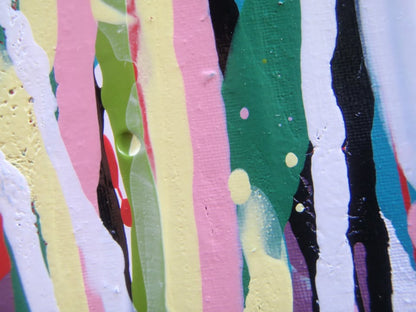 Abstract art with multicoloured vertical brush strokes on a white background - detail