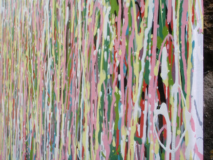 Abstract art with multicoloured vertical brush strokes on a white background - detail