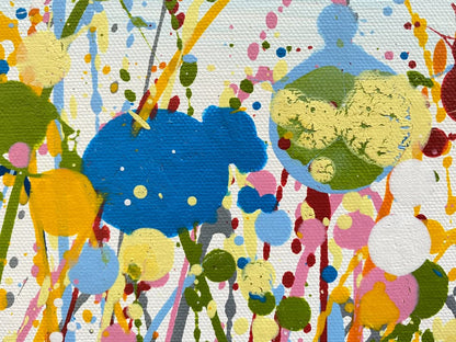 Colourful abstract painting of flowers and grass with a blue sky background, on a 100 by 70 cm canvas - detail