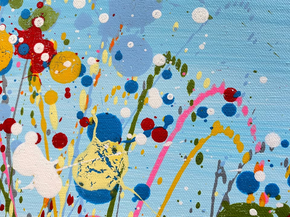Colourful abstract painting of flowers and grass with a blue sky background, on a 100 by 70 cm canvas - detail