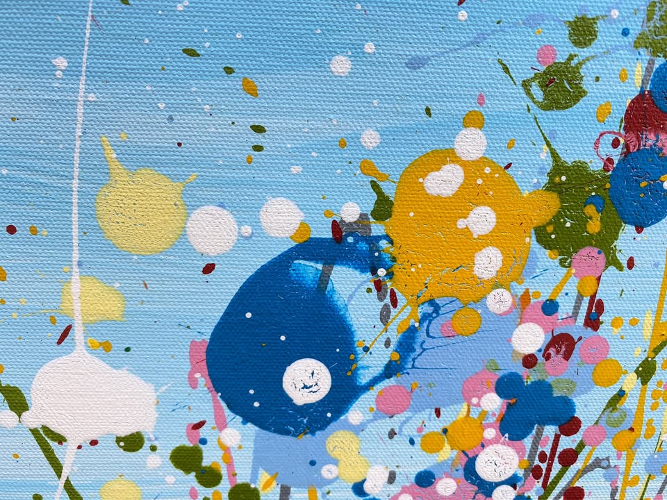 Colourful abstract painting of flowers and grass with a blue sky background, on a 100 by 70 cm canvas - detail