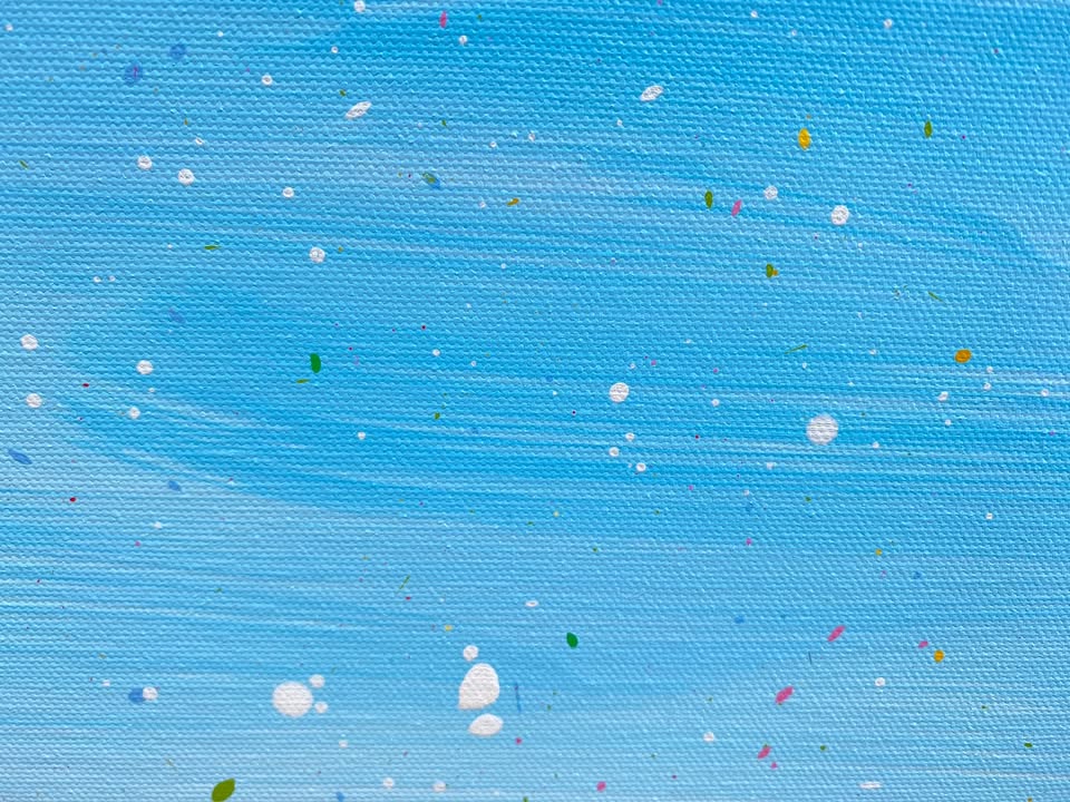 Colourful abstract painting of flowers and grass with a blue sky background, on a 100 by 70 cm canvas - detail