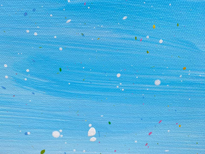 Colourful abstract painting of flowers and grass with a blue sky background, on a 100 by 70 cm canvas - detail