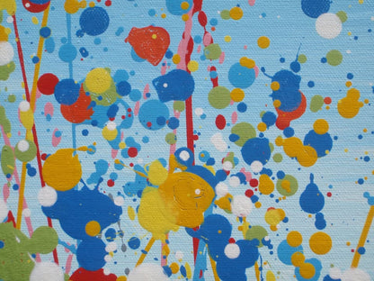 Hand-painted large modern art blue and yellow flower painting by Rich Gane, on a big framed canvas that measures 100 cm by 70 cm - detail
