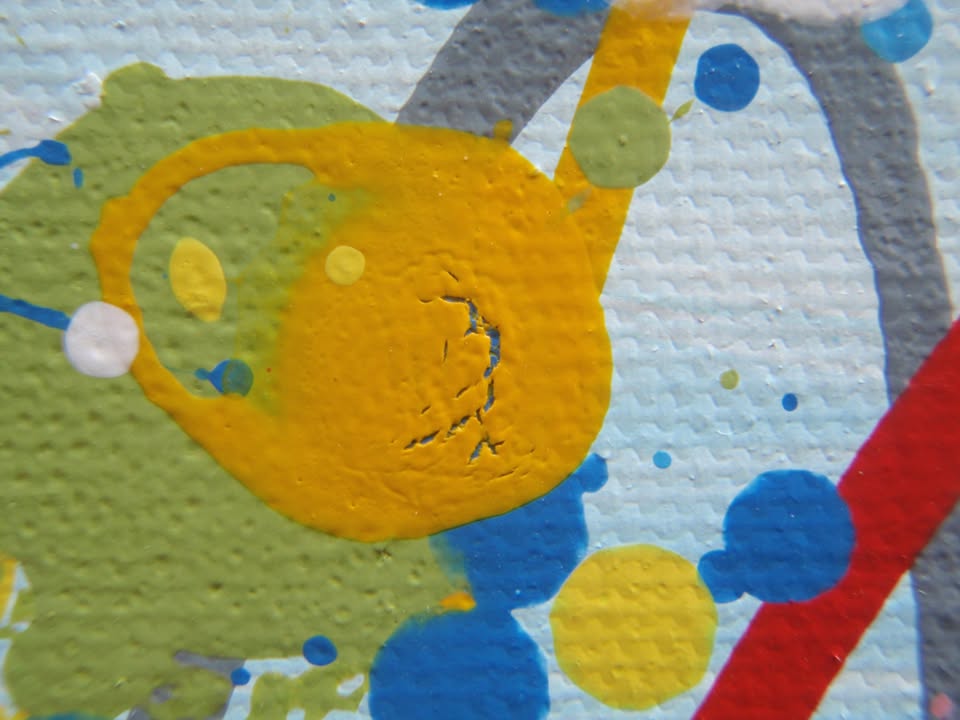 Hand-painted large modern art blue and yellow flower painting by Rich Gane, on a big framed canvas that measures 100 cm by 70 cm - detail