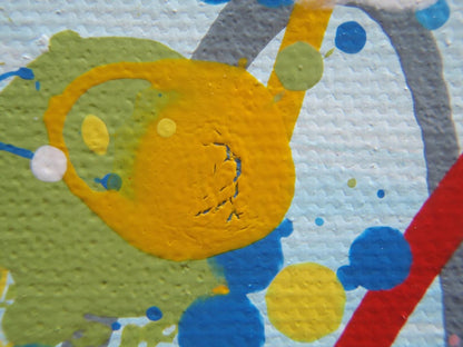 Hand-painted large modern art blue and yellow flower painting by Rich Gane, on a big framed canvas that measures 100 cm by 70 cm - detail