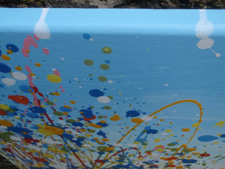 Hand-painted large modern art blue and yellow flower painting by Rich Gane, on a big framed canvas that measures 100 cm by 70 cm - detail