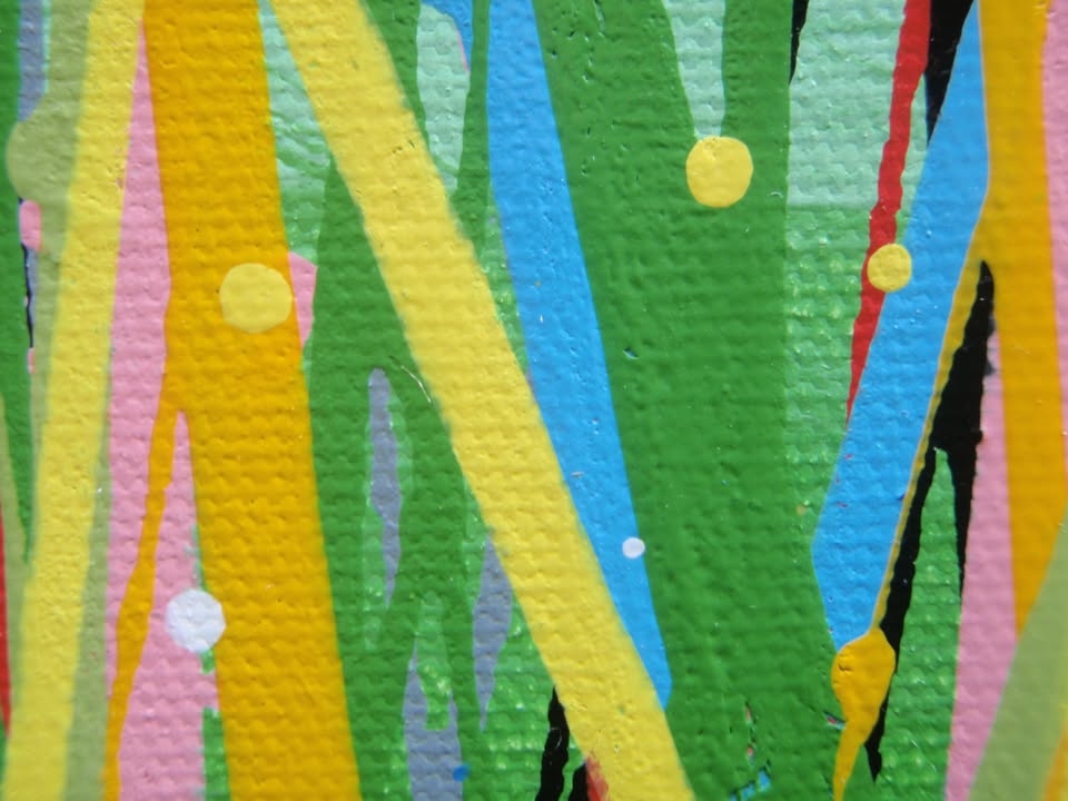 Hand-painted large modern art blue and yellow flower painting by Rich Gane, on a big framed canvas that measures 100 cm by 70 cm - detail