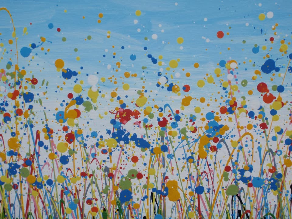 Hand-painted large modern art blue and yellow flower painting by Rich Gane, on a big framed canvas that measures 100 cm by 70 cm - detail