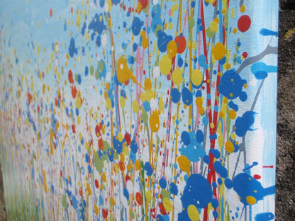 Hand-painted large modern art blue and yellow flower painting by Rich Gane, on a big framed canvas that measures 100 cm by 70 cm - detail