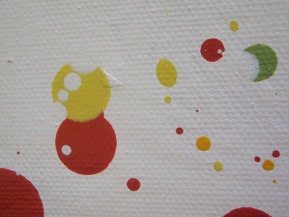 Abstract floral field painting with green grass-like strokes and many red, yellow, blue, and pink flower-like splatters on a white background - detail