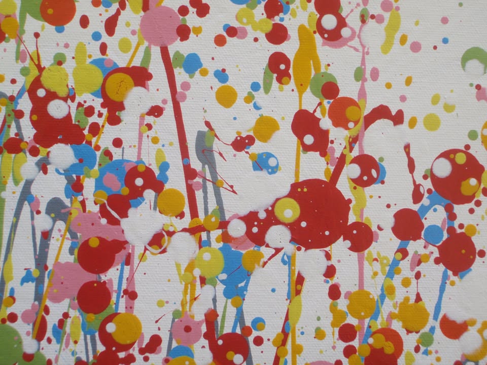 Abstract floral field painting with green grass-like strokes and many red, yellow, blue, and pink flower-like splatters on a white background - detail