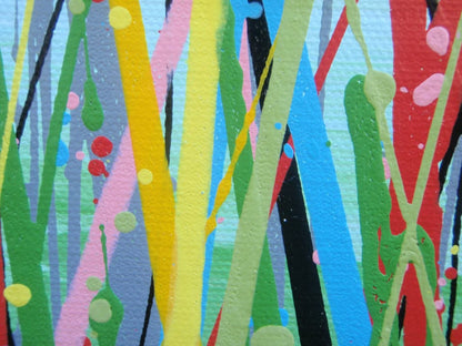 Colourful abstract painting of a wildflower meadow with green and yellow grasses, multi-coloured flowers, especially red flowers, and a light blue sky background - detail