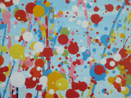 Colourful abstract painting of a wildflower meadow with green and yellow grasses, multi-coloured flowers, especially red flowers, and a light blue sky background - detail