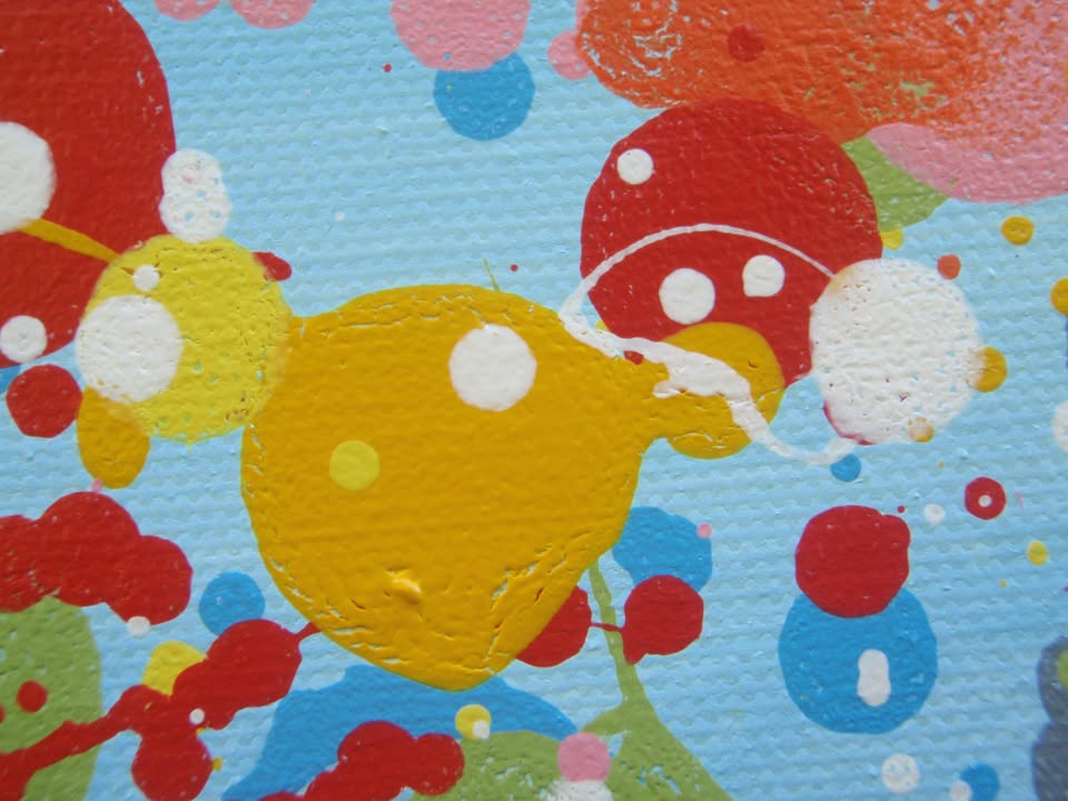 Colourful abstract painting of a wildflower meadow with green and yellow grasses, multi-coloured flowers, especially red flowers, and a light blue sky background - detail
