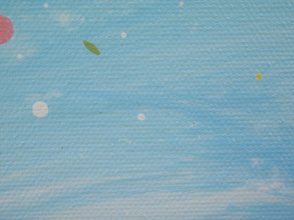 Colourful abstract painting of a wildflower meadow with green and yellow grasses, multi-coloured flowers, especially red flowers, and a light blue sky background - detail