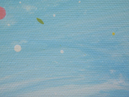 Colourful abstract painting of a wildflower meadow with green and yellow grasses, multi-coloured flowers, especially red flowers, and a light blue sky background - detail
