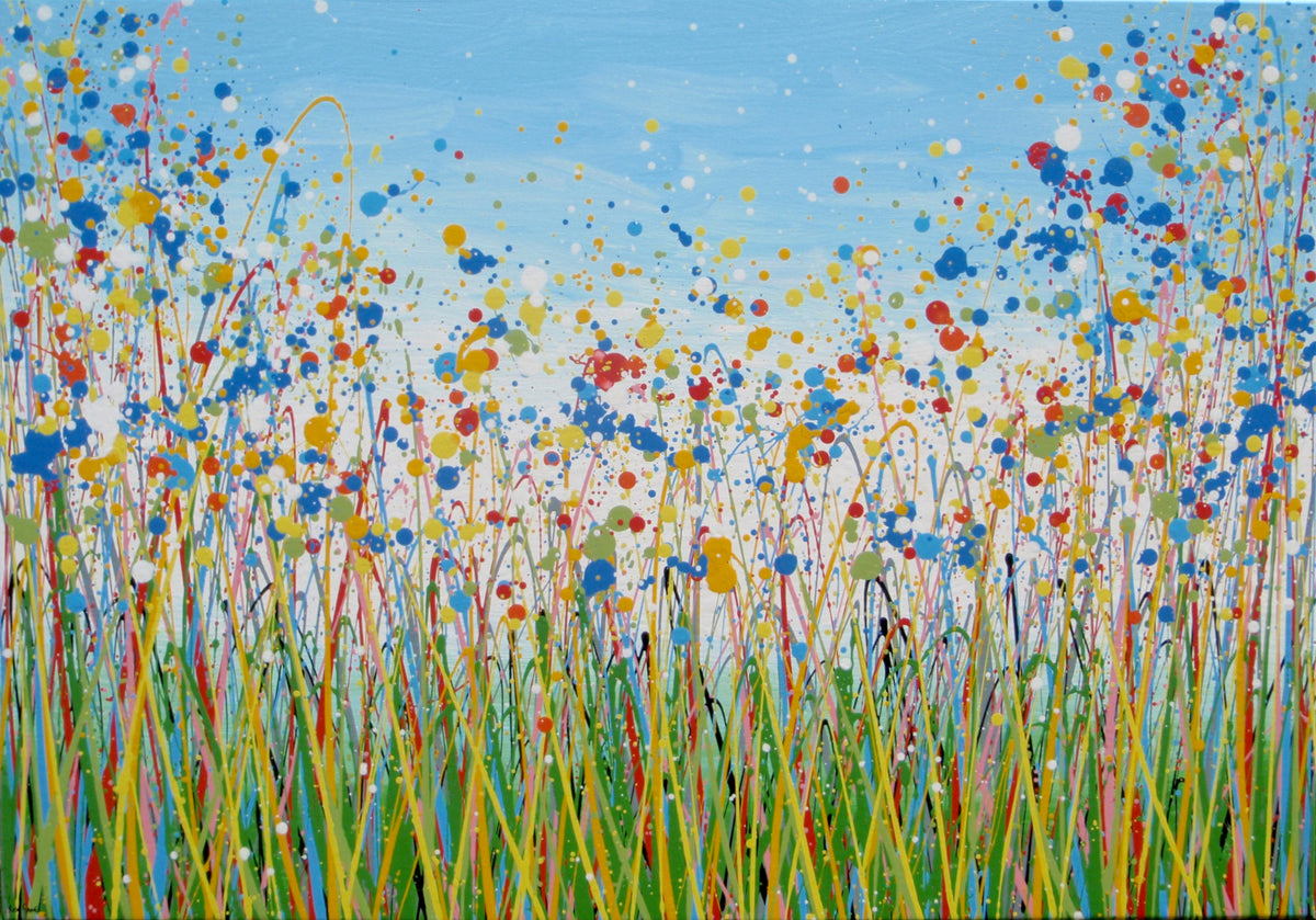 Hand-painted large modern art blue and yellow flower painting by Rich Gane, on a big framed canvas that measures 100 cm by 70 cm - full view