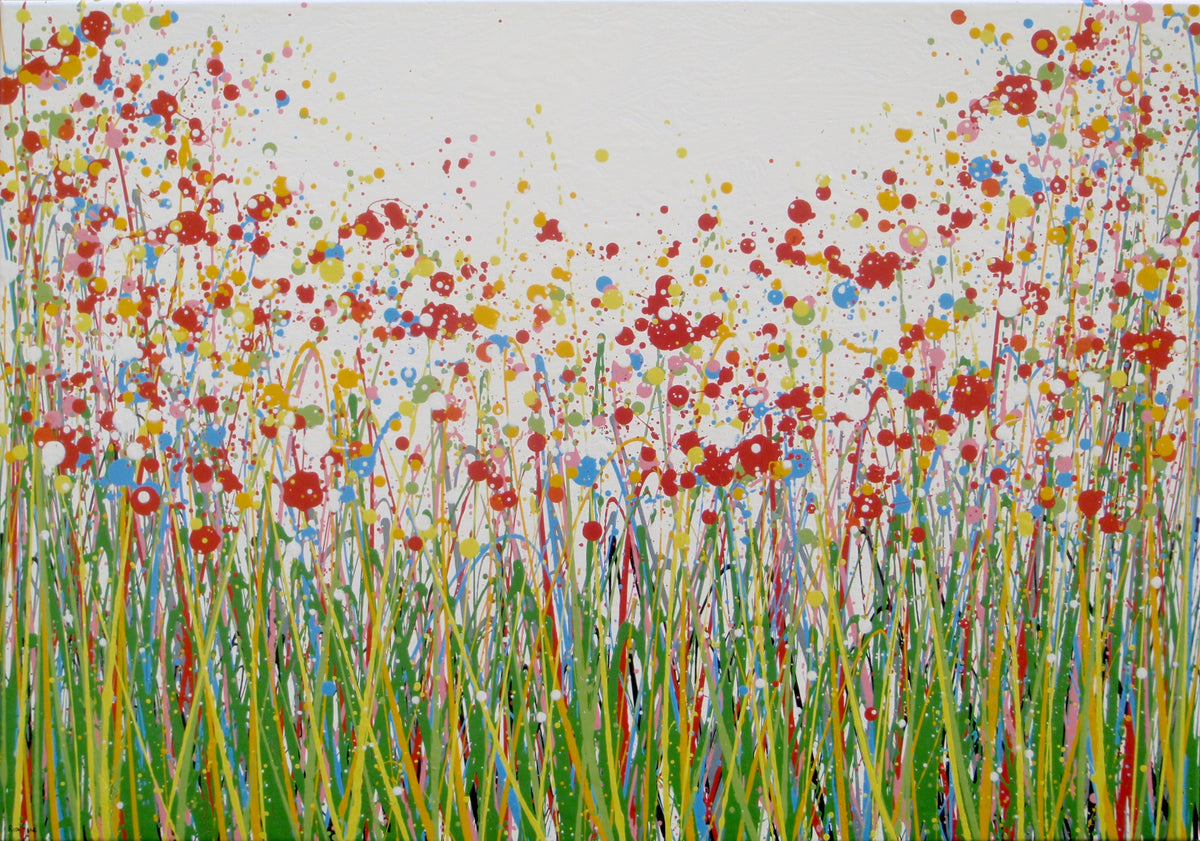 Abstract floral field painting with green grass-like strokes and many red, yellow, blue, and pink flower-like splatters on a white background - full view