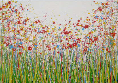 Abstract floral field painting with green grass-like strokes and many red, yellow, blue, and pink flower-like splatters on a white background - full view