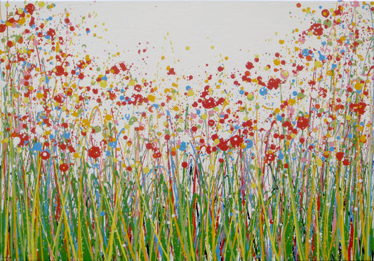 Abstract floral field painting with green grass-like strokes and many red, yellow, blue, and pink flower-like splatters on a white background - full view