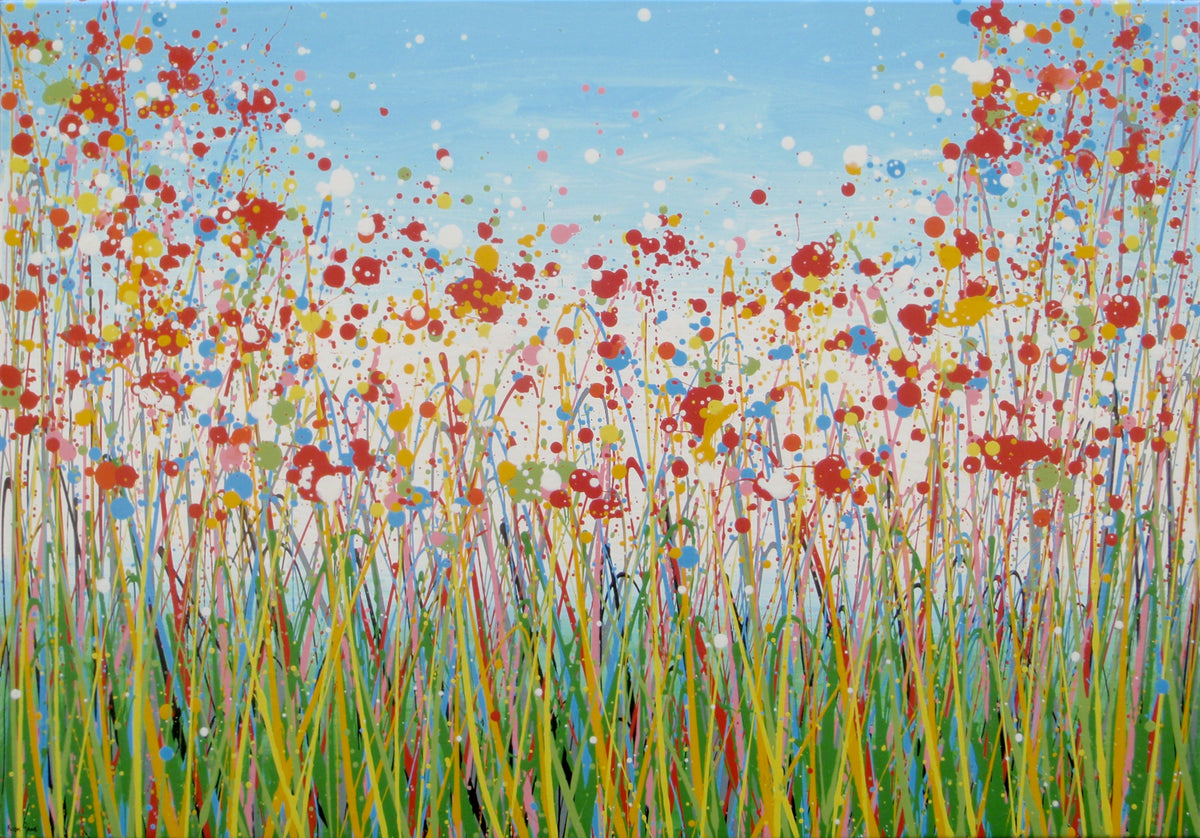 Colourful abstract painting of a wildflower meadow with green and yellow grasses, multi-coloured flowers, especially red flowers, and a light blue sky background - full view