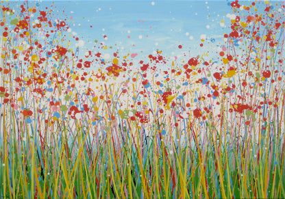 Colourful abstract painting of a wildflower meadow with green and yellow grasses, multi-coloured flowers, especially red flowers, and a light blue sky background - full view