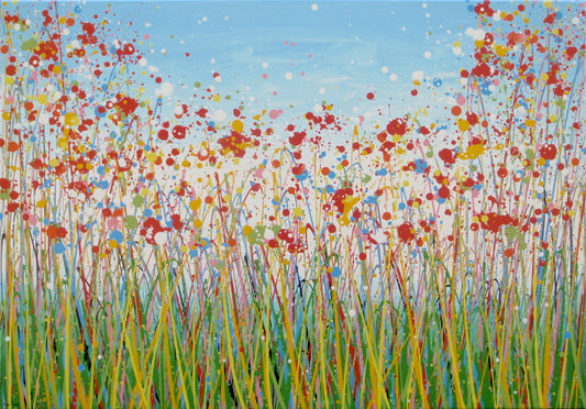 Colourful abstract painting of a wildflower meadow with green and yellow grasses, multi-coloured flowers, especially red flowers, and a light blue sky background - full view