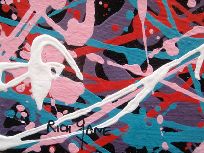 Abstract art with pink, white, and blue lines on a textured black background, hand-painted on to a 100 by 80 cm stretched canvas - detail