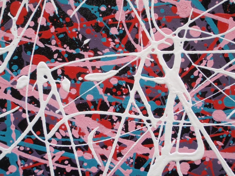 Abstract art with pink, white, and blue lines on a textured black background, hand-painted on to a 100 by 80 cm stretched canvas - detail