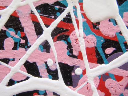 Abstract art with pink, white, and blue lines on a textured black background, hand-painted on to a 100 by 80 cm stretched canvas - detail