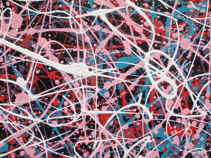 Abstract art with pink, white, and blue lines on a textured black background, hand-painted on to a 100 by 80 cm stretched canvas - detail