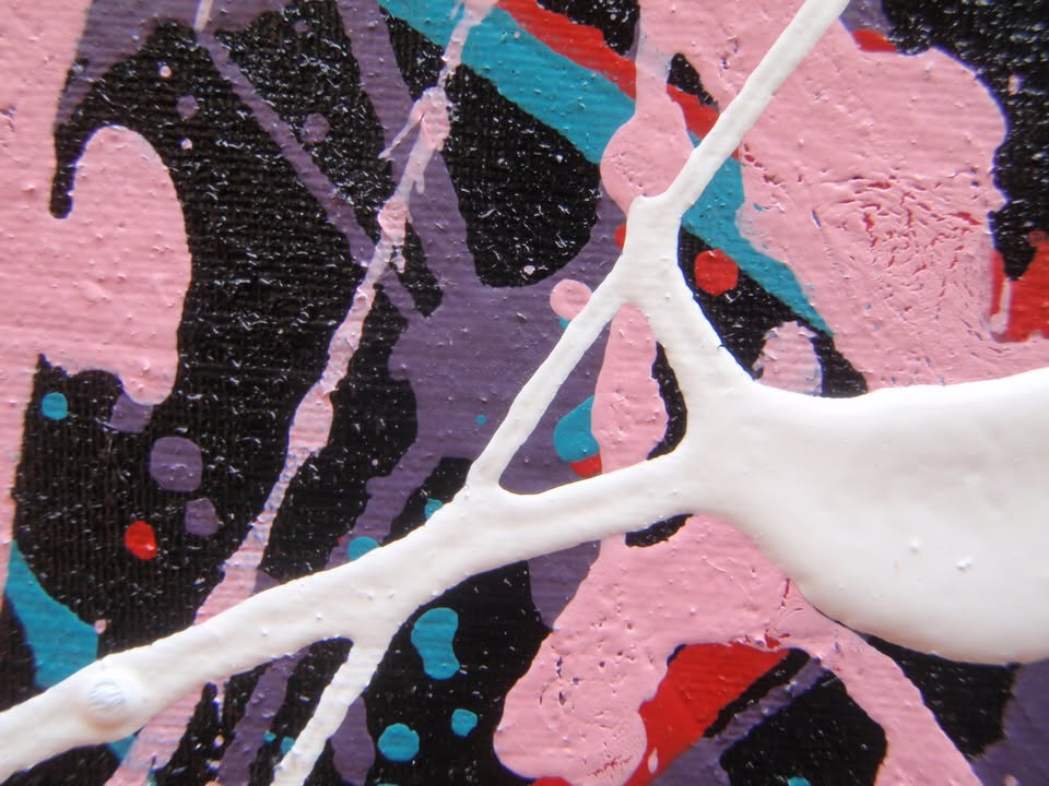 Abstract art with pink, white, and blue lines on a textured black background, hand-painted on to a 100 by 80 cm stretched canvas - detail