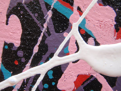 Abstract art with pink, white, and blue lines on a textured black background, hand-painted on to a 100 by 80 cm stretched canvas - detail