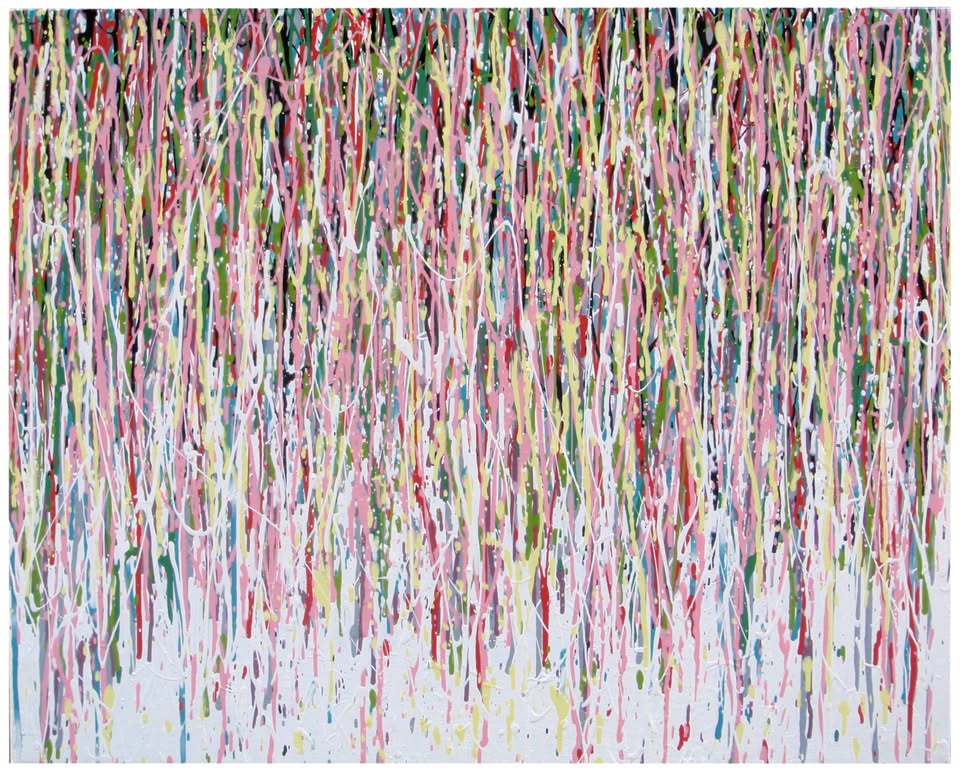 Abstract art with multicoloured vertical brush strokes on a white background - full view