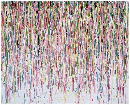 Abstract art with multicoloured vertical brush strokes on a white background - full view