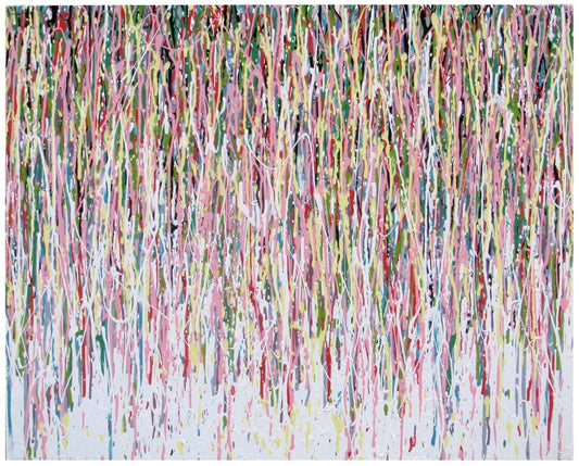 Abstract art with multicoloured vertical brush strokes on a white background - full view