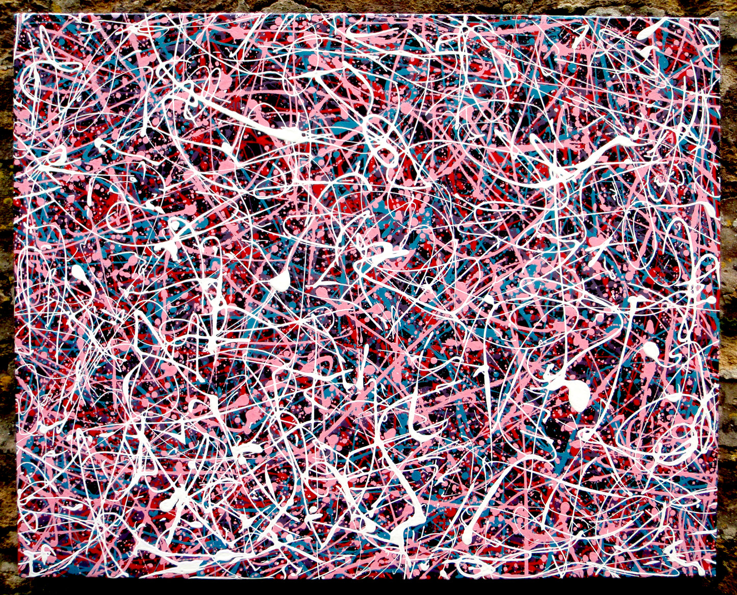 Abstract art with pink, white, and blue lines on a textured black background, hand-painted on to a 100 by 80 cm stretched canvas - full view