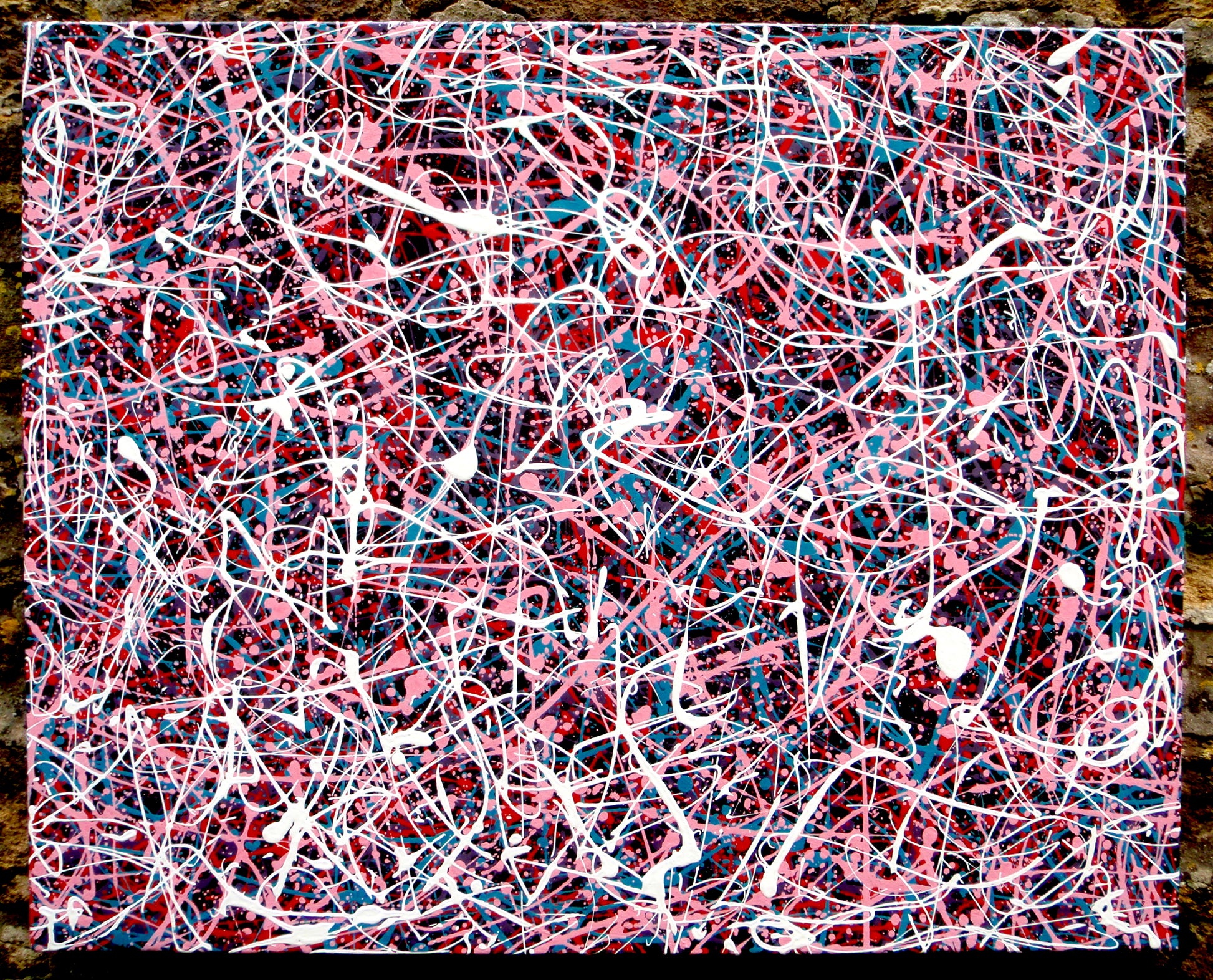 Abstract art with pink, white, and blue lines on a textured black background, hand-painted on to a 100 by 80 cm stretched canvas - full view