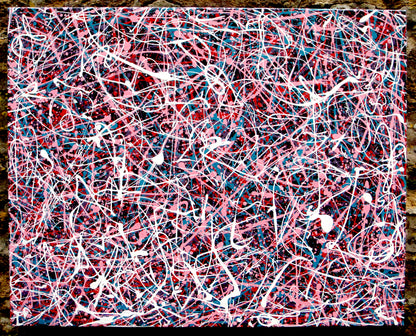 Abstract art with pink, white, and blue lines on a textured black background, hand-painted on to a 100 by 80 cm stretched canvas - full view