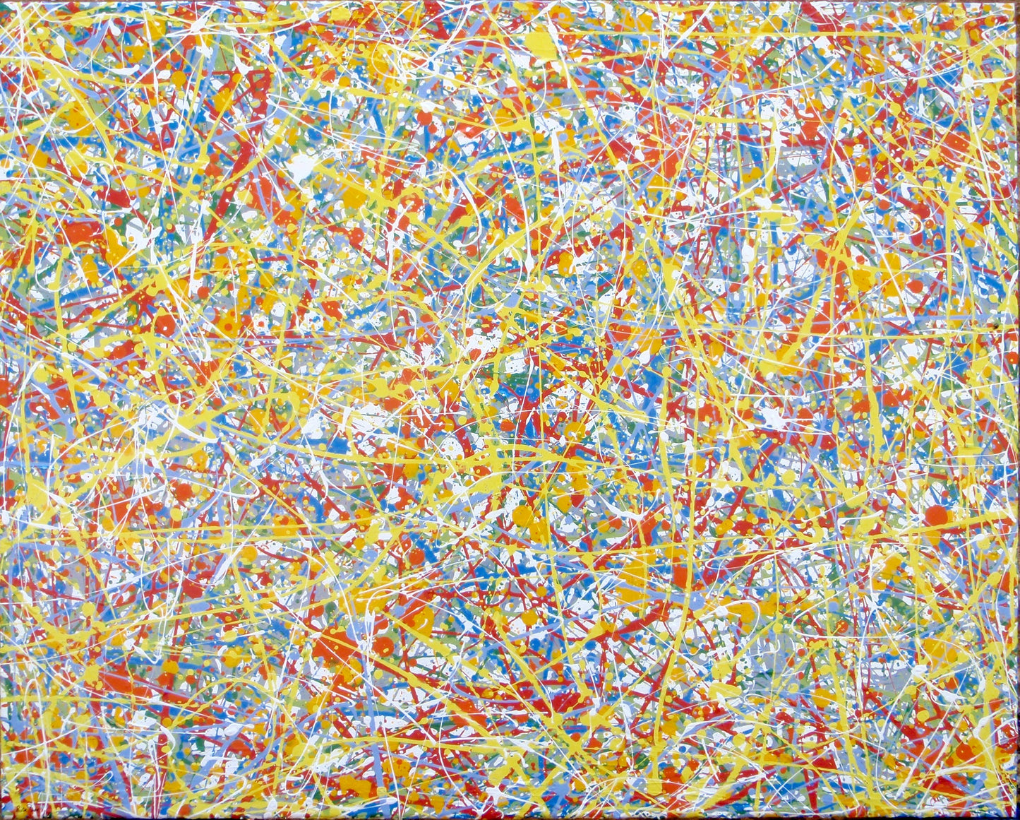 Abstract art with colourful drips and splashes of red, yellow, and blue, on a large framed canvas - full view