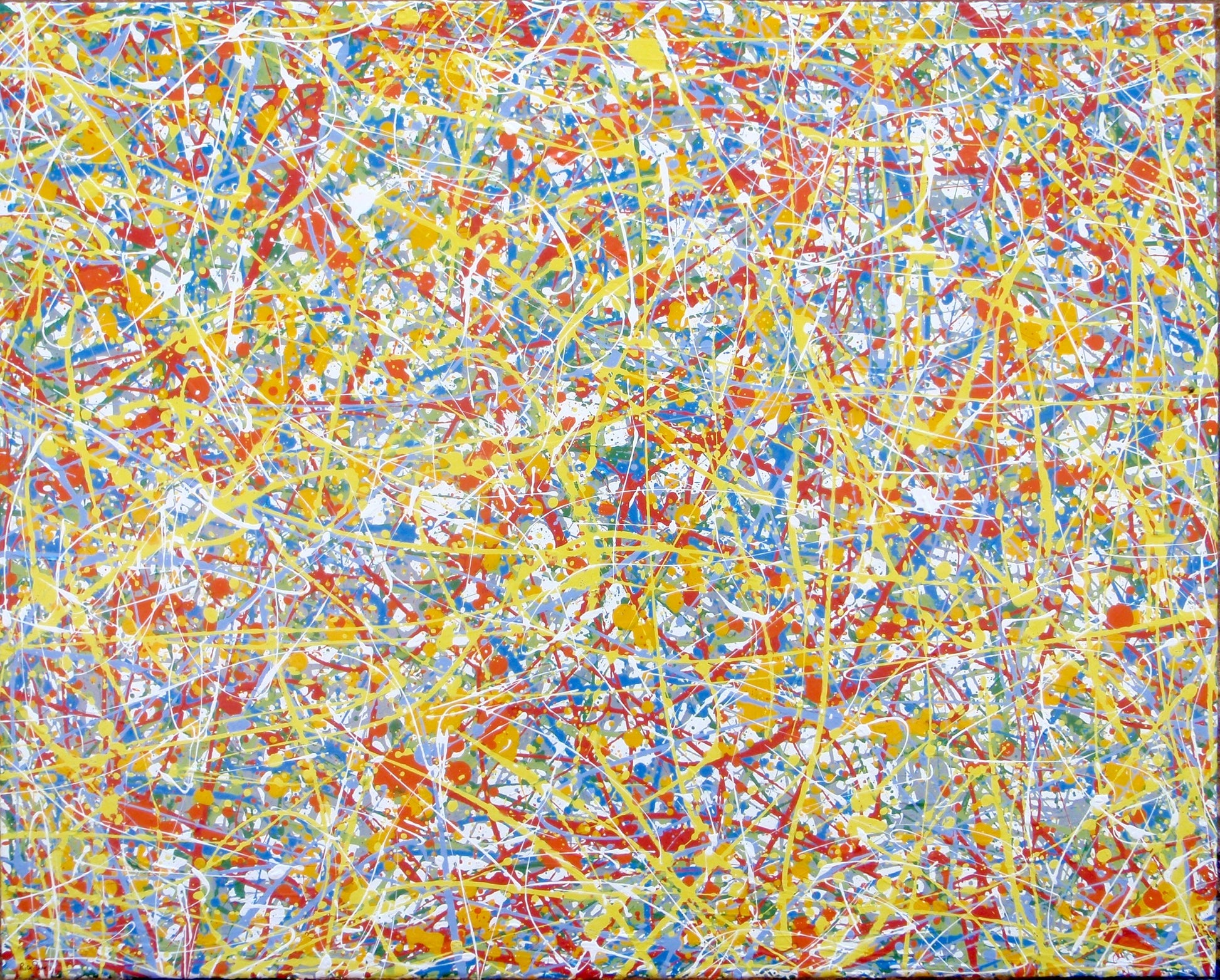 Abstract art with colourful drips and splashes of red, yellow, and blue, on a large framed canvas - full view