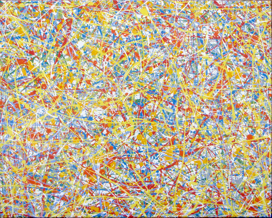 Abstract art with colourful drips and splashes of red, yellow, and blue, on a large framed canvas - full view