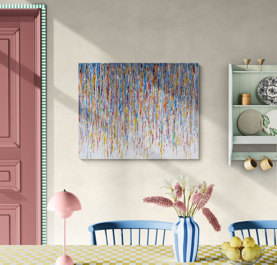 Blue Vertical Drips on 100x80cm Stretched Canvas